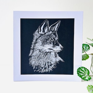 Renard - Carte de voeux originale en linogravure