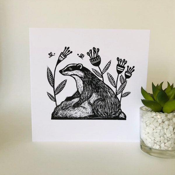 Badger Black - Hand Printed Original Linocut Greetings Card