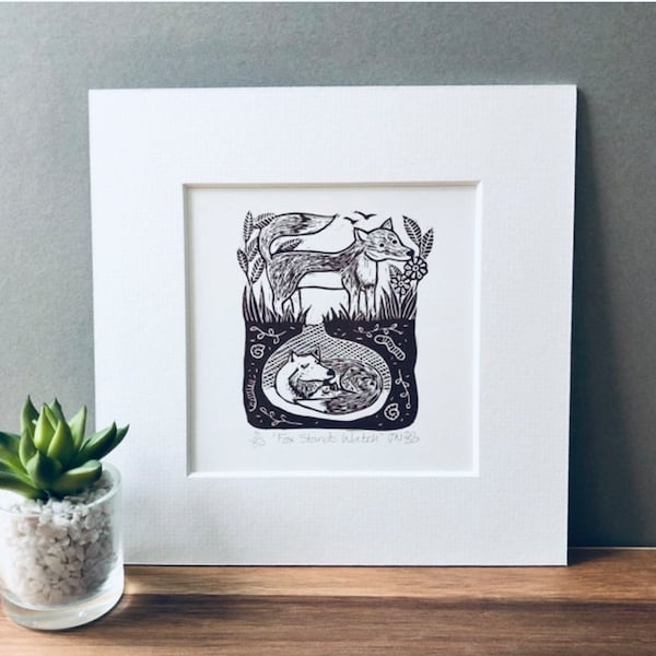 Fox Stands Watch - Original Linocut Print. Custom Black on White With White Mount.