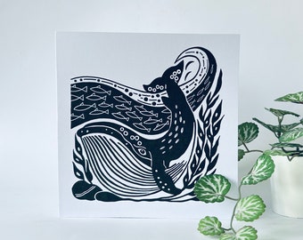 Whale Of A Time -  Original Linocut Design Greetings Card
