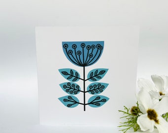 Blue Folk Flower - Linocut Design Greetings Card.