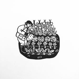 L'attribution - Lino Cut Design carte de voeux. Noir sur blanc.
