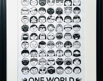 One World - Hand Printed Original Signed Linocut Print