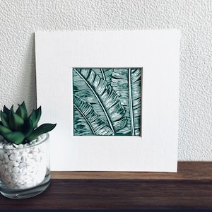 Mini Botanicals 1 - Hand Printed Original  Mounted Linocut Print. Green on White