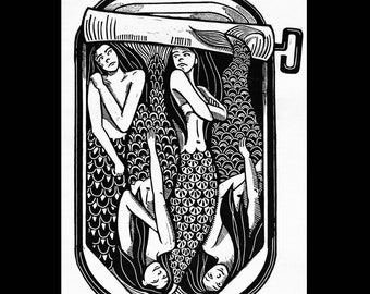 Mermaids - Hand Printed Original Linocut Print