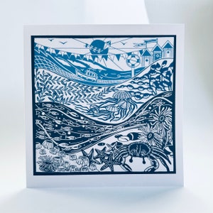 Sous la mer - Carte de voeux originale en linogravure
