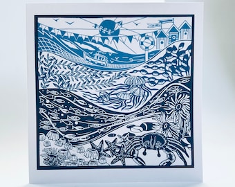 Sous la mer - Carte de voeux originale en linogravure