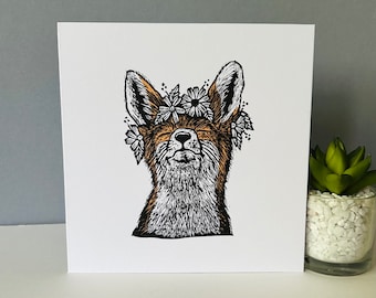 Happy Fox - Carte de voeux originale en linogravure