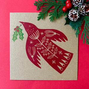 Oiseau folklorique de Noël - Lot de 4 cartes de voeux linogravure originales