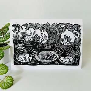 The Burrowers - Hand Made Original Linocut Design Greetings Card. Black on White