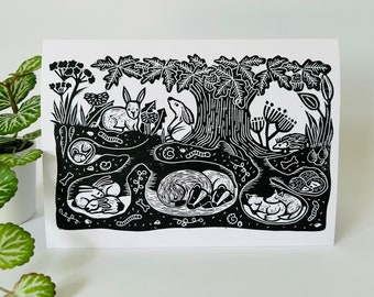 The Burrowers -  Original Linocut Design Greetings Card. Black on White