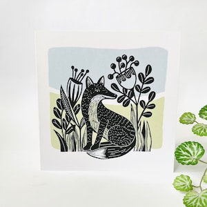 Renard d'été - Carte de voeux originale en linogravure