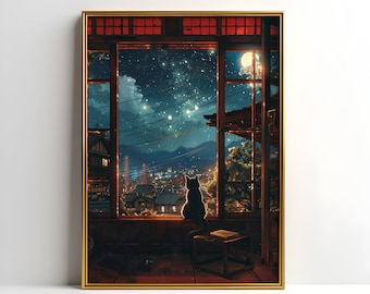 Lofi Cat Japanese Anime Art Print | Japanese Lofi Poster | Dreamy Lofi Print | Anime Aesthetic Lofi Wall Art Decor | Studio Ghibli Poster