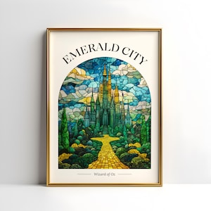 May include: A stained glass style illustration of Emerald City from the Wizard of Oz. The image features a yellow brick road leading to a green castle with a blue and green sky.