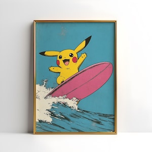 Póster de Pikachu surfeando / Impresión digital de Pokémon / Arte mural de Pokémon / Decoración de Pokémon / Póster de arte mural de Pikachu / Arte de Pikachu