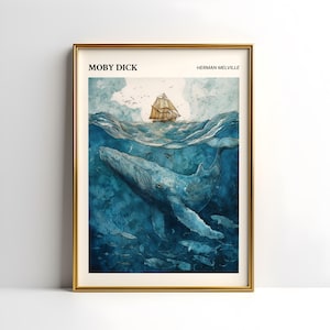 May include: A framed art print featuring a watercolor illustration of a blue whale swimming underwater. A sailing ship floats on the surface above the whale. The print includes the text "MOBY DICK" and "HERMAN MELVILLE".