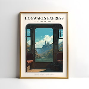 Puede incluir: Impresión artística enmarcada que muestra el interior del tren Hogwarts Express. La imagen presenta un paisaje con un castillo al fondo. El texto "HOGWARTS EXPRESS - HARRY POTTER" está en la parte superior y "I just take the train from platform 9 3/4" en la parte inferior.