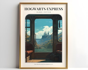May include: Framed art print featuring a view from the Hogwarts Express train. The image shows a scenic landscape with a castle in the distance. The text "HOGWARTS EXPRESS - HARRY POTTER" is at the top. The bottom reads "I just take the train from platform 9 3/4."