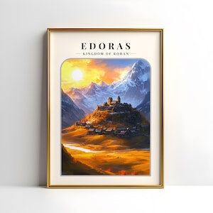 May include: A digital painting of a mountain village called Edoras, the Kingdom of Rohan. The village is nestled in a valley surrounded by snow-capped mountains. The sun is setting, casting a warm glow over the scene.