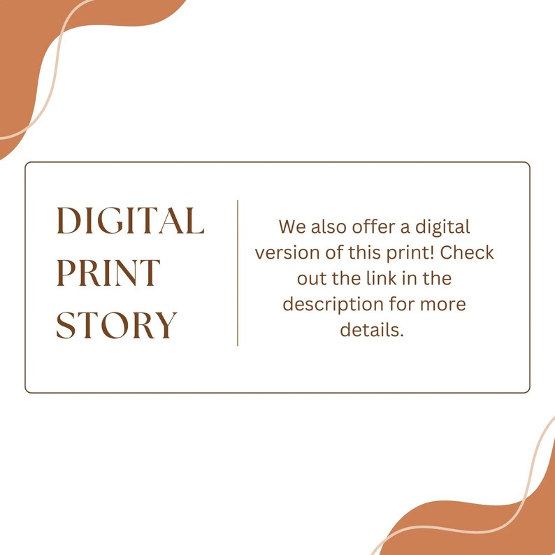 Puede incluir: Un rect&aacute;ngulo marr&oacute;n con el texto "DIGITAL PRINT STORY" en el lado izquierdo y el texto "Tambi&eacute;n ofrecemos una versi&oacute;n digital de esta impresi&oacute;n. &iexcl;Consulta el enlace en la descripci&oacute;n para obtener m&aacute;s detalles!" en el lado derecho.