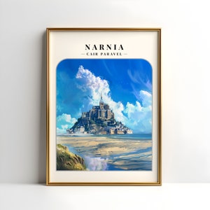Könnte beinhalten: Eine digitale Illustration eines Schlosses auf einer Insel mit blauem Himmel und weißen Wolken. Der Text "Narnia - Cair Paravel" befindet sich oben im Bild.