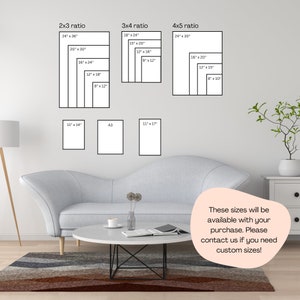 May include: A white wall with a diagram showing different print sizes in inches for 2x3, 3x4, and 4x5 ratios. The text "These sizes will be available with your purchase. Please contact us if you need custom sizes!" is written in a white circle on a pink background.