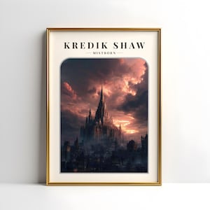 Puede incluir: Impresión artística enmarcada que presenta un paisaje de fantasía dramático. La imagen muestra un castillo imponente con una aguja central, sobre un cielo lleno de nubes y fuego. El texto "KREDIK SHAW - MISTBORN" se muestra en la parte superior.