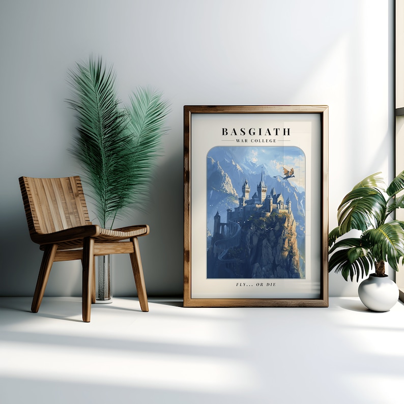 May include: A framed poster with a fantasy illustration of a castle on a mountaintop. The poster has the text "Basgiath - War College" and "Fly... or Die" at the bottom.