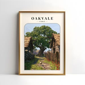 May include: A framed art print titled OAKVALE FABLE featuring a digital illustration of a village scene with stone cottages, thatched roofs, a large central tree, a dirt path, and a chicken in the foreground, all enclosed in a gold frame.