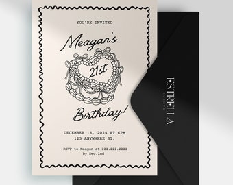Vintage Cake Birthday Invitation; 21st Birthday Invite Vintage; Heart Cake Invite; Coquette Invitation; Black Retro Cake Invite; Template
