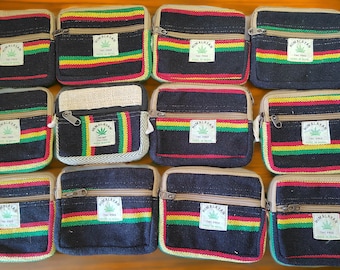 Hemp coin purse Rasta Design, Handmade, Hemp Wallet, Coin Bag, Makeup Bag , Organic Cotton,  Zipper Closure Bag | Made in Nepal Active