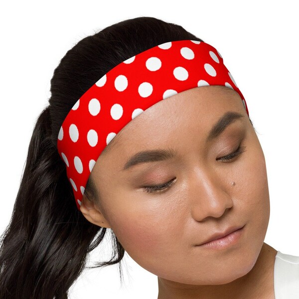 Minnie Red and White Polka Dots All-Over Print Costume Athletic Headband | Theme Park Mouse Race Headband Accessory | Polka Dots Hairband