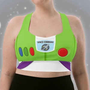 Space Ranger Action Figure Toy Story Buzz Lightyear Inspired Racerback Medium-High Support Longline Costume Recycled Polyester Sports Bra