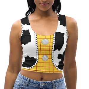 Woody from Toy Story Inspired Cartoon Cowboy Checkered Shirt with Cowprint Vest All-Over Print Costume Women&#39;s Crop Tank Top