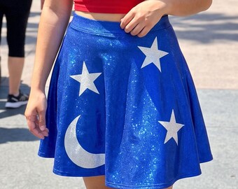 Sorcerer Skirt | Fantasia Inspired Premium Foil Performance Skater Skirt | "Glitter" Effect Bling Women's Blue Moon & Stars Skirt