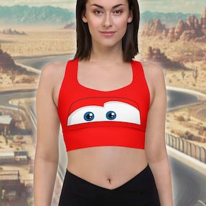 Fun Red Car Spoof Racerback Medium-High Support Longline Costume Sports Bra | Theme Park Race Costume, Hot Halloween Party Outfit Idea