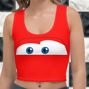Fun Red Car Spoof Women&#39;s Crop Tank Top | Theme Park Halloween Party Costume | Bounding Top, Race Running Outfit w/ Runner Spoof Back Design