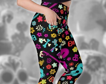 Day of the Dead Leggings | Colorful Repeating Pattern Bones, Guitars, Skulls, Flowers Recycled Polyester Costume Pocket Yoga Pants