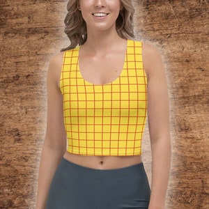 Woody Fabric Pattern Undershirt Toy Story Inspired All-Over Print Costume Women&#39;s Crop Tank Top | Rootin Tootin Cowboy Costume Base Crop Top