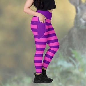 Cheshire Cat Inspired Alice in Wonderland Pink and Purple Striped All-Over Print Pocket Recycled Costume Leggings | Theme Park Run, Bounding