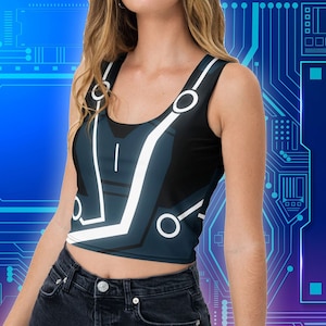 Quorra Tron Legacy Inspired All-Over Print Costume Women&#39;s Crop Tank Top | Futuristic Cyber-Inspired Sci-Fi Fashion Theme Park Attraction