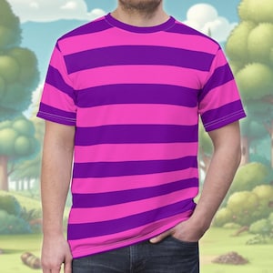 Cheshire Cat Inspired Alice in Wonderland Pink and Purple Striped All-Over Print Costume Lightweight Unisex T-Shirt