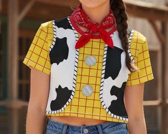 Woody from Toy Story Inspired Cartoon Cowboy Checkered Shirt with Cowprint Vest Women's Cropped Shirt | Woody Cosplay, Halloween, Race Crop