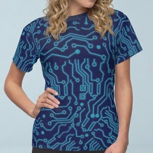 Circuits T-Shirt | Blue Glowing Effect Circuitboard Motherboard Cyberpunk Pattern Shirt | Women & Unisex