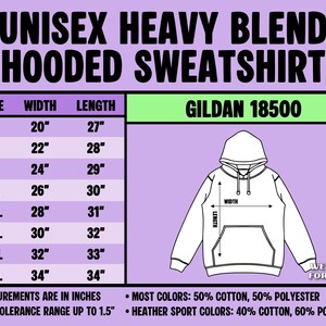 Puede incluir: Una tabla de tallas para una sudadera con capucha unisex Gildan 18500 sobre un fondo morado claro. La tabla enumera las tallas de la S a la 5XL con sus anchos y largos correspondientes en pulgadas, junto a un dibujo lineal de una sudadera.