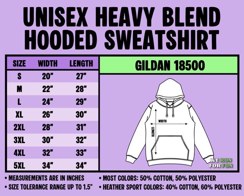 Puede incluir: Una tabla de tallas para una sudadera con capucha unisex Gildan 18500 sobre un fondo morado claro. La tabla enumera las tallas de la S a la 5XL con sus anchos y largos correspondientes en pulgadas, junto a un dibujo lineal de una sudadera.