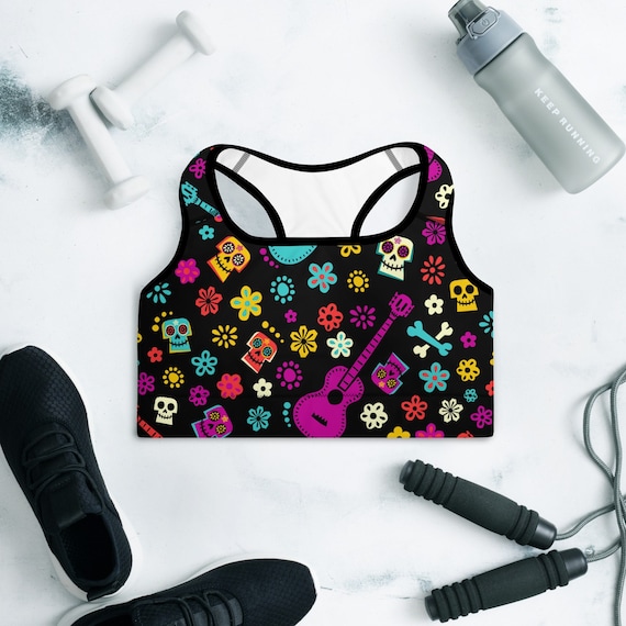 Coco Inspired Colorful Day of the Dead Pattern Padded Racerback Medium Support Costume Sports Bra