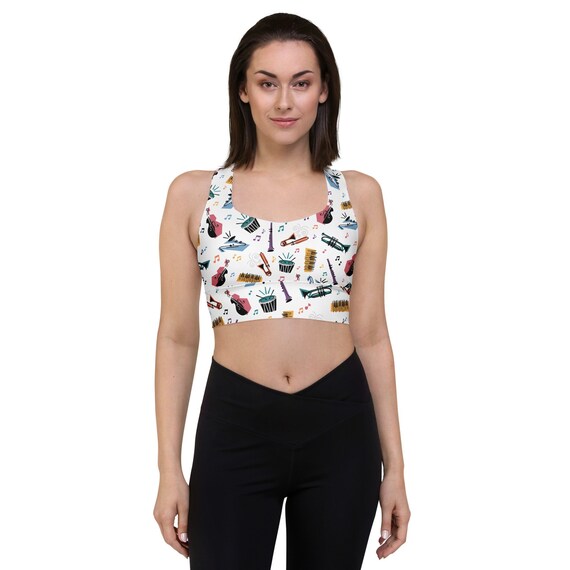 Soul Inspired Music Icons Pattern Racerback Medium-High Support Longline Costume Sports Bra (White Background)