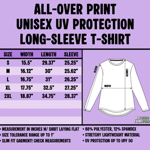 May include: A size chart for a long-sleeve t-shirt with UV protection. The chart lists sizes S to 2XL with width, length, and sleeve measurements in inches. It specifies 88% polyester and 12% spandex material, a slim fit, and UPF 50 protection.