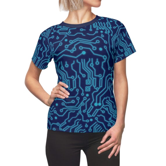 Blue Glowing Effect Circuit Board Motherboard Cyberpunk Pattern All-Over Print Costume Lightweight Women's T-Shirt